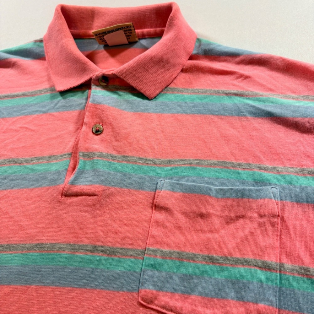 American Edition Polo Shirt Men Large Pink Striped Short Sleeve Cotton Blend USA